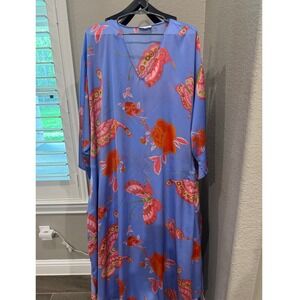 Natori Caftan Women XL Blue Butterfly Floral Print Maxi Loungewear V-Neck